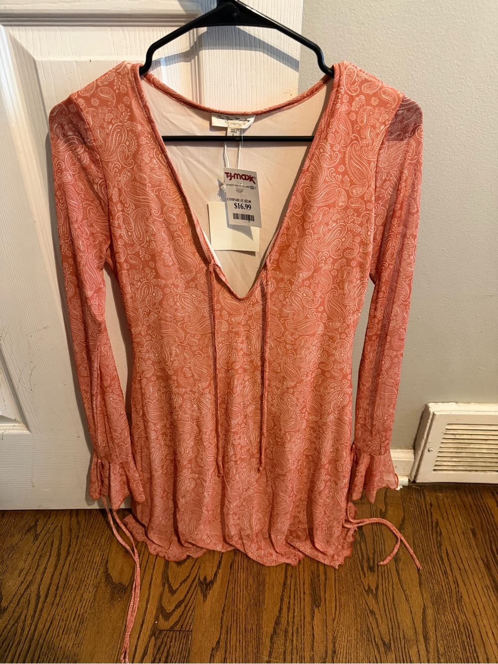 Orange Paisley V-Neck Long Sleeve Dress